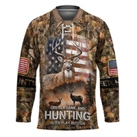 Personalized Buck Deer Hunting Hockey Jersey American Flag Sunset Forest in Camouflage