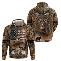 Personalized Buck Deer Hunting Hoodie American Flag Sunset Forest in Camouflage