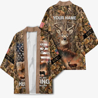 Personalized Buck Deer Hunting Kimono American Flag Sunset Forest in Camouflage