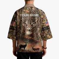 Personalized Buck Deer Hunting Kimono American Flag Sunset Forest in Camouflage