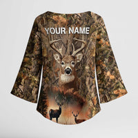 Personalized Buck Deer Hunting Kimono Sleeve Blouse American Flag Sunset Forest in Camouflage