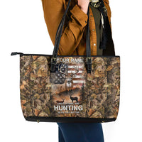 Personalized Buck Deer Hunting Leather Tote Bag American Flag Sunset Forest in Camouflage