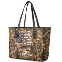 Personalized Buck Deer Hunting Leather Tote Bag American Flag Sunset Forest in Camouflage