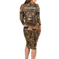 Personalized Buck Deer Hunting Long Sleeve Bodycon Dress American Flag Sunset Forest in Camouflage