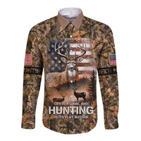 Personalized Buck Deer Hunting Long Sleeve Button Shirt American Flag Sunset Forest in Camouflage