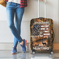 Personalized Buck Deer Hunting Luggage Cover American Flag Sunset Forest in Camouflage