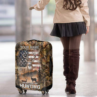 Personalized Buck Deer Hunting Luggage Cover American Flag Sunset Forest in Camouflage