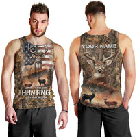 Personalized Buck Deer Hunting Men Tank Top American Flag Sunset Forest in Camouflage