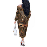 Personalized Buck Deer Hunting Off The Shoulder Long Sleeve Dress American Flag Sunset Forest in Camouflage