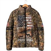 Personalized Buck Deer Hunting Padded Jacket American Flag Sunset Forest in Camouflage