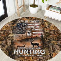 Personalized Buck Deer Hunting Round Carpet American Flag Sunset Forest in Camouflage
