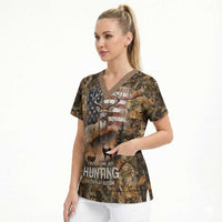 Personalized Buck Deer Hunting Scrub Top American Flag Sunset Forest in Camouflage