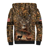 Personalized Buck Deer Hunting Sherpa Hoodie American Flag Sunset Forest in Camouflage