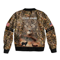 Personalized Buck Deer Hunting Sleeve Zip Bomber Jacket American Flag Sunset Forest in Camouflage