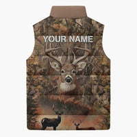 Personalized Buck Deer Hunting Sleeveless Puffer Jacket American Flag Sunset Forest in Camouflage
