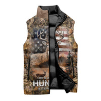 Personalized Buck Deer Hunting Sleeveless Puffer Jacket American Flag Sunset Forest in Camouflage