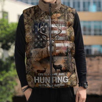 Personalized Buck Deer Hunting Sleeveless Puffer Jacket American Flag Sunset Forest in Camouflage