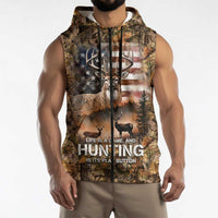 Personalized Buck Deer Hunting Sleeveless Zip Hoodie American Flag Sunset Forest in Camouflage
