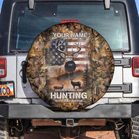 Personalized Buck Deer Hunting Spare Tire Cover American Flag Sunset Forest in Camouflage