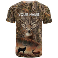Personalized Buck Deer Hunting T Shirt American Flag Sunset Forest in Camouflage