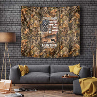 Personalized Buck Deer Hunting Tapestry American Flag Sunset Forest in Camouflage