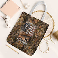 Personalized Buck Deer Hunting Tote Bag American Flag Sunset Forest in Camouflage