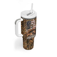 Personalized Buck Deer Hunting Tumbler With Handle American Flag Sunset Forest in Camouflage
