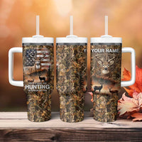 Personalized Buck Deer Hunting Tumbler With Handle American Flag Sunset Forest in Camouflage