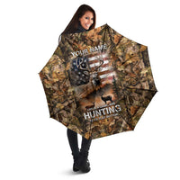 Personalized Buck Deer Hunting Umbrella American Flag Sunset Forest in Camouflage