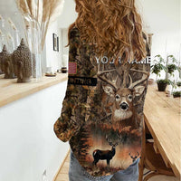 Personalized Buck Deer Hunting Women Casual Shirt American Flag Sunset Forest in Camouflage