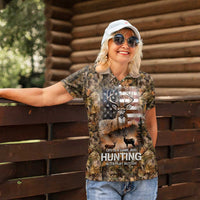 Personalized Buck Deer Hunting Women Polo Shirt American Flag Sunset Forest in Camouflage
