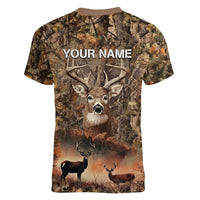 Personalized Buck Deer Hunting Women V-Neck T-Shirt American Flag Sunset Forest in Camouflage