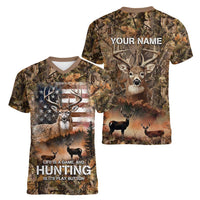 Personalized Buck Deer Hunting Women V-Neck T-Shirt American Flag Sunset Forest in Camouflage