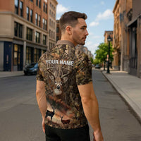 Personalized Buck Deer Hunting Zipper Polo Shirt American Flag Sunset Forest in Camouflage