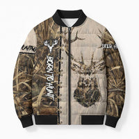 Personalized Born to Hunt Bomber Puffer Jacket Deer Hunting Lacing Detail and Camo Traditional