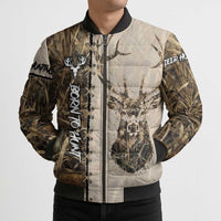 Personalized Born to Hunt Bomber Puffer Jacket Deer Hunting Lacing Detail and Camo Traditional