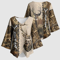 Personalized Born to Hunt Kimono Sleeve Blouse Deer Hunting Lacing Detail and Camo Traditional