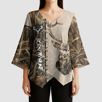 Personalized Born to Hunt Kimono Sleeve Blouse Deer Hunting Lacing Detail and Camo Traditional
