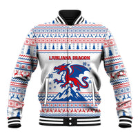 Slovenian Winter Baseball Jacket Ljubljana Dragon with Nordic Snowflakes and Alpine Vibes