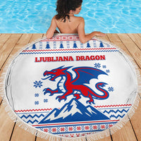 Slovenian Winter Beach Blanket Ljubljana Dragon with Nordic Snowflakes and Alpine Vibes