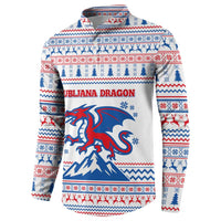 Slovenian Winter Button Sweatshirt Ljubljana Dragon with Nordic Snowflakes and Alpine Vibes