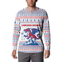 Slovenian Winter Button Sweatshirt Ljubljana Dragon with Nordic Snowflakes and Alpine Vibes