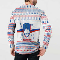 Slovenian Winter Button Sweatshirt Ljubljana Dragon with Nordic Snowflakes and Alpine Vibes