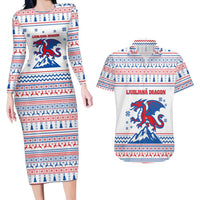 Slovenian Winter Couples Matching Long Sleeve Bodycon Dress and Hawaiian Shirt Ljubljana Dragon with Nordic Snowflakes and Alpine Vibes