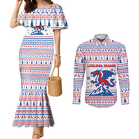 Slovenian Winter Couples Matching Mermaid Dress and Long Sleeve Button Shirt Ljubljana Dragon with Nordic Snowflakes and Alpine Vibes