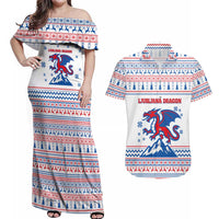 Slovenian Winter Couples Matching Off Shoulder Maxi Dress and Hawaiian Shirt Ljubljana Dragon with Nordic Snowflakes and Alpine Vibes