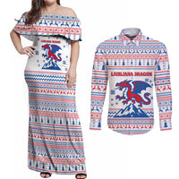 Slovenian Winter Couples Matching Off Shoulder Maxi Dress and Long Sleeve Button Shirt Ljubljana Dragon with Nordic Snowflakes and Alpine Vibes