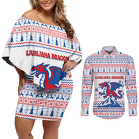 Slovenian Winter Couples Matching Off Shoulder Short Dress and Long Sleeve Button Shirt Ljubljana Dragon with Nordic Snowflakes and Alpine Vibes