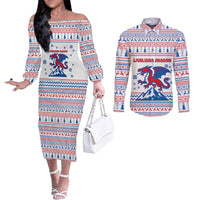 Slovenian Winter Couples Matching Off The Shoulder Long Sleeve Dress and Long Sleeve Button Shirt Ljubljana Dragon with Nordic Snowflakes and Alpine Vibes