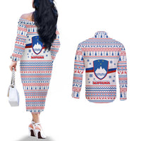 Slovenian Winter Couples Matching Off The Shoulder Long Sleeve Dress and Long Sleeve Button Shirt Ljubljana Dragon with Nordic Snowflakes and Alpine Vibes
